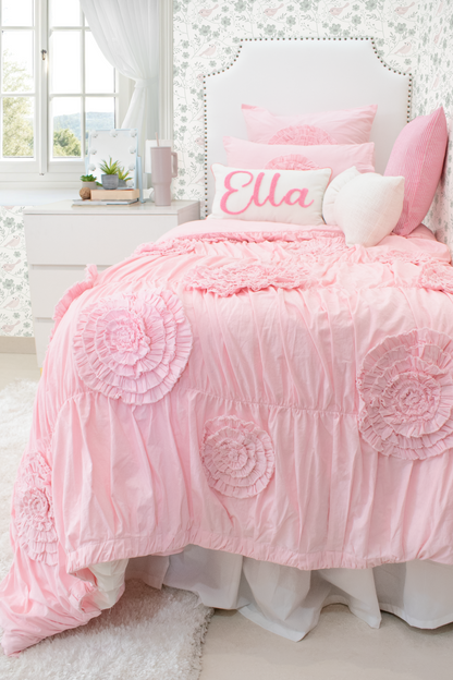 Cotton Ruched Shams With Ruffled Flowers-Baby Pink