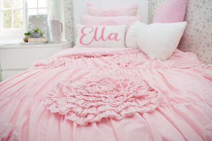 Cotton Ruched Duvet Cover With Ruffled Flowers-Baby Pink