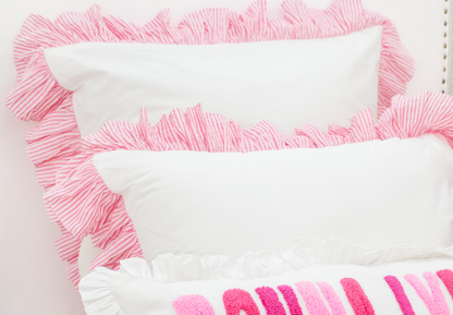 Cotton Percale Organic Standard Sham with Ruffles Trim- Pink Stripes