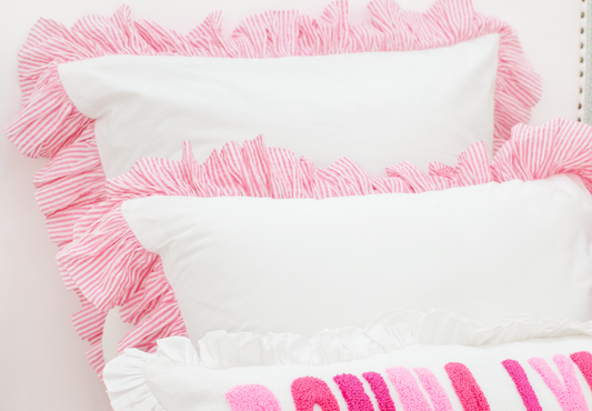 Cotton Percale Organic Standard Sham with Ruffles Trim- Pink Stripes