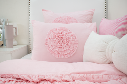 Cotton Ruched Shams With Ruffled Flowers-Baby Pink