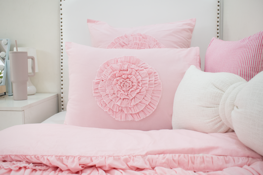 Cotton Ruched Shams With Ruffled Flowers-Baby Pink