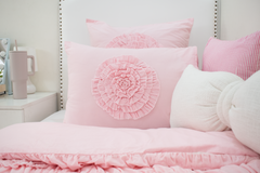 Cotton Ruched Shams With Ruffled Flowers-Baby Pink