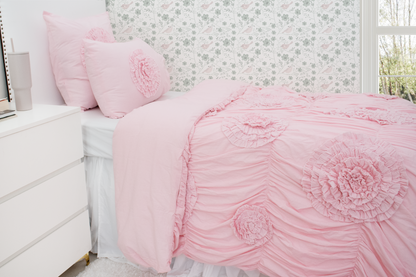 Cotton Ruched Shams With Ruffled Flowers-Baby Pink
