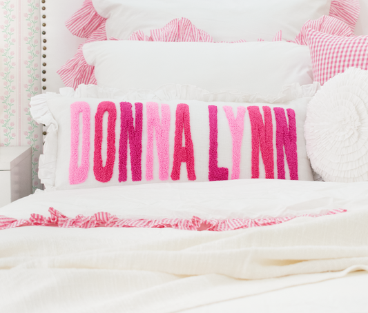 Pink Personalized Name Pillow Cover with Punch Needle Embroidery