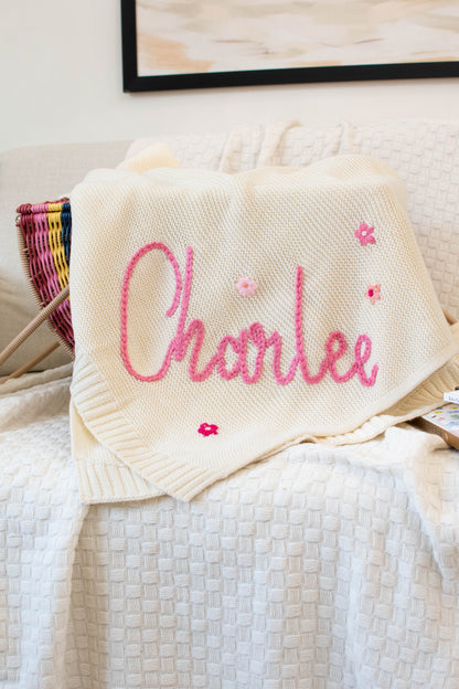 Personalized Knit Blanket, Hand Embroidered, 100% Cotton