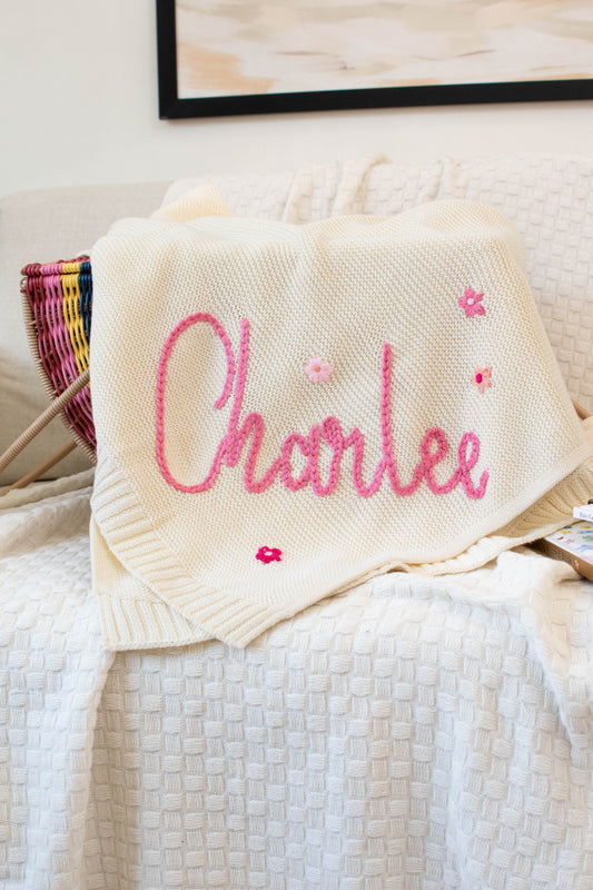 Personalized Knit Blanket, Hand Embroidered, 100% Cotton