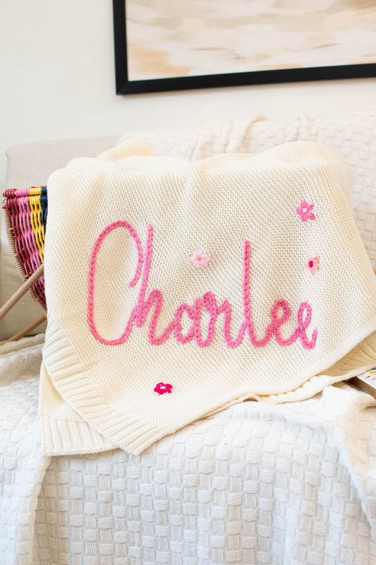 Personalized Knit Blanket, Hand Embroidered, 100% Cotton