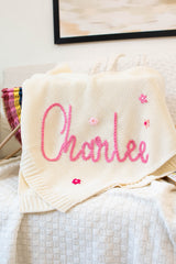 Personalized Knit Blanket, Hand Embroidered, 100% Cotton