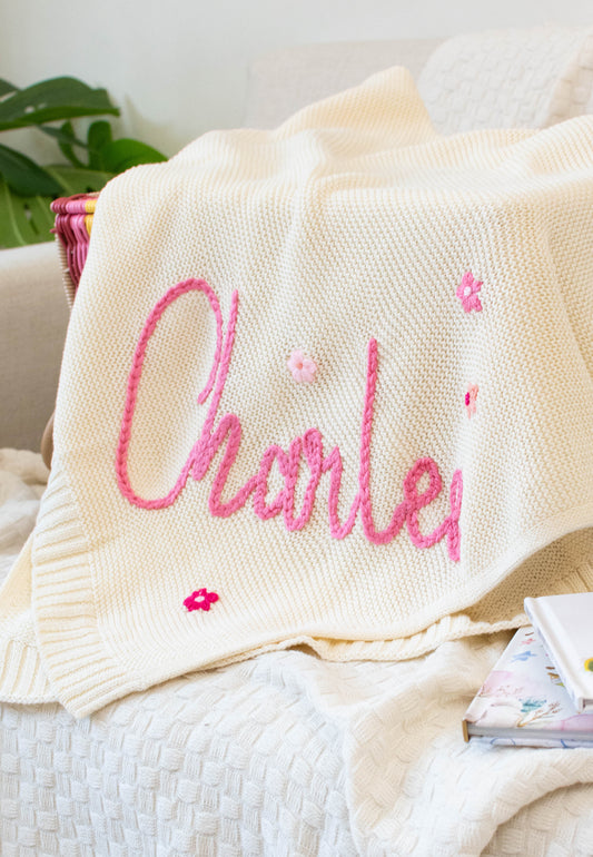 Personalized Knit Blanket, Hand Embroidered, 100% Cotton