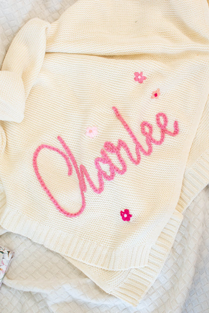 Personalized Knit Blanket, Hand Embroidered, 100% Cotton