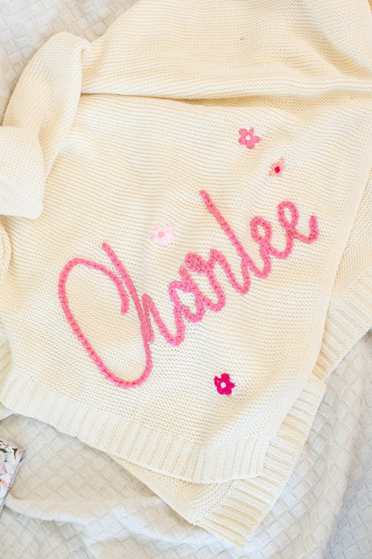 Personalized Knit Blanket, Hand Embroidered, 100% Cotton