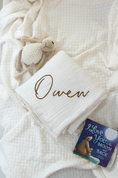 Organic Wrinkle Swaddle 4 Layer Muslin, Hand Embroidered, Pack of 1, 100% Cotton