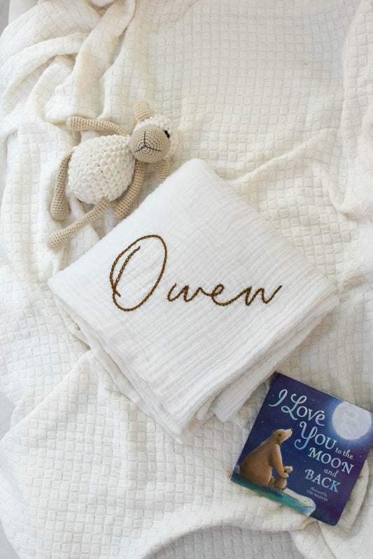 Organic Wrinkle Swaddle 4 Layer Muslin, Hand Embroidered, Pack of 1, 100% Cotton
