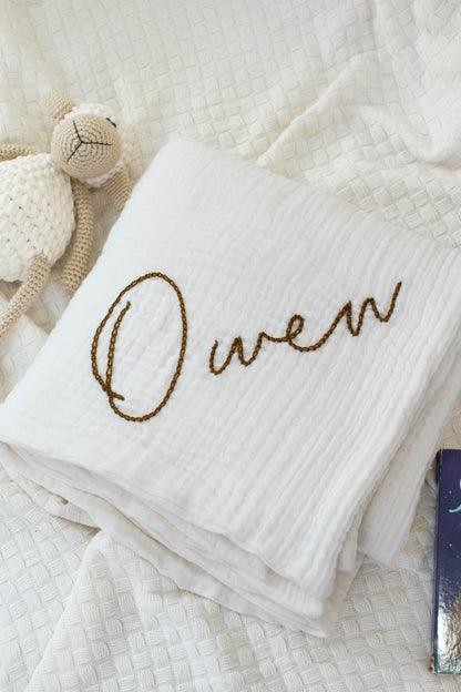 Organic Wrinkle Swaddle 4 Layer Muslin, Hand Embroidered, Pack of 1, 100% Cotton