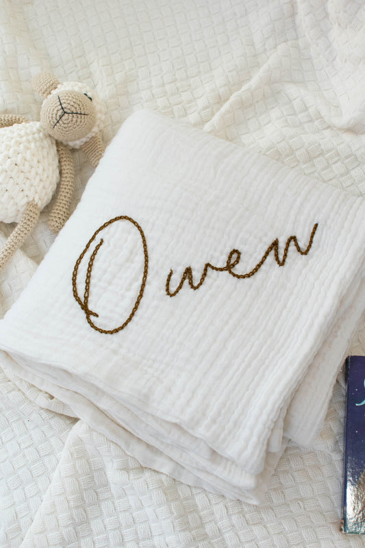 Organic Wrinkle Swaddle 4 Layer Muslin, Hand Embroidered, Pack of 1, 100% Cotton