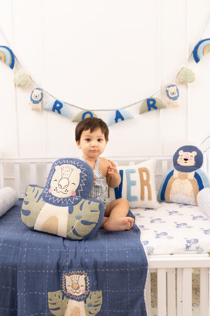 Wild & Free Lions Applique Cotton Blanket for Kids with Kantha Work