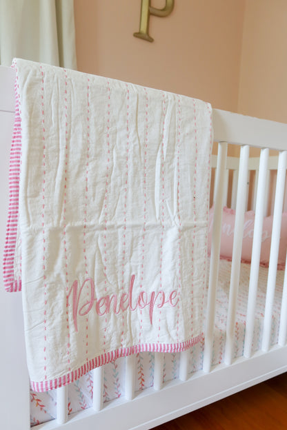 Pink Kantha Baby Blanket for Girls