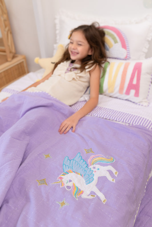 Magical Unicorns Applique Cotton Blanket for Kids with Kantha Work