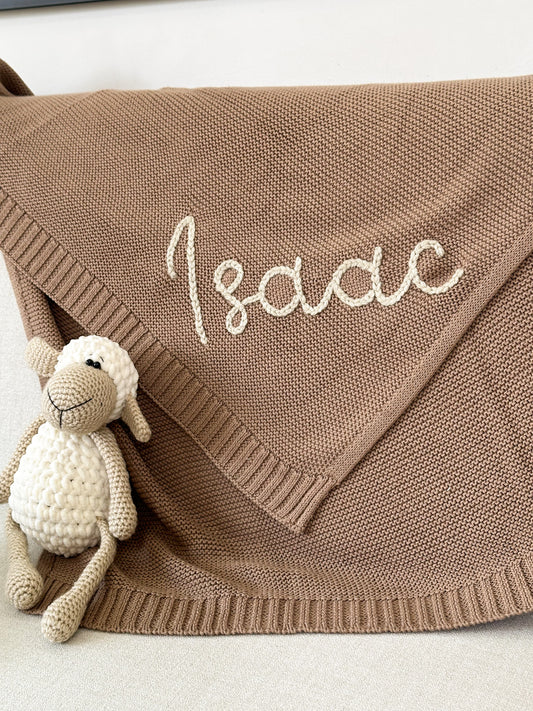 Personalized Knit Blanket, Hand Embroidered, 100% Cotton