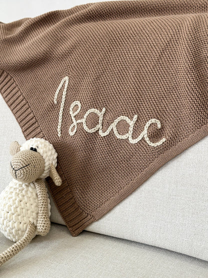 Personalized Knit Blanket, Hand Embroidered, 100% Cotton