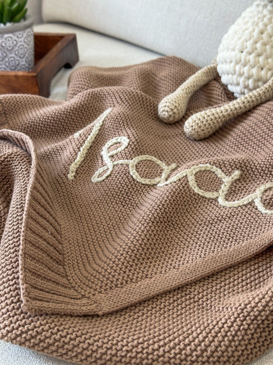 Personalized Knit Blanket, Hand Embroidered, 100% Cotton