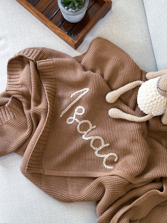 Personalized Knit Blanket, Hand Embroidered, 100% Cotton