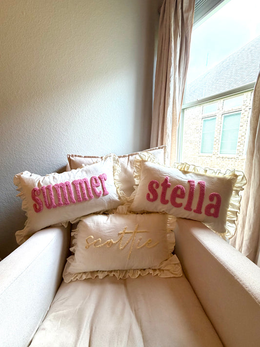 Personalized Pillow Cover, Punch Needle, 100% Cotton with Ruffles Trim