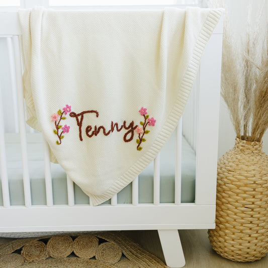 Personalized Knit Blanket, Hand Embroidered, 100% Cotton