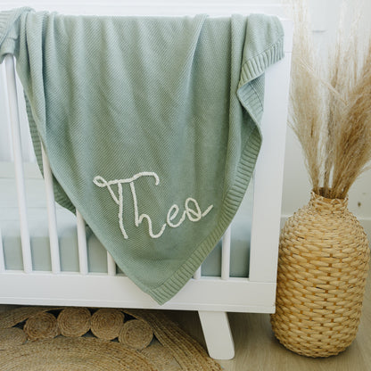 Personalized Knit Blanket, Hand Embroidered, 100% Cotton