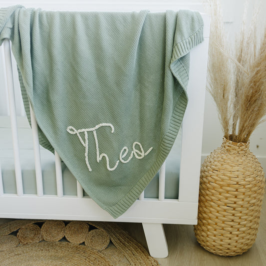 Personalized Knit Blanket, Hand Embroidered, 100% Cotton