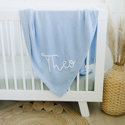 Personalized Knit Blanket, Hand Embroidered, 100% Cotton