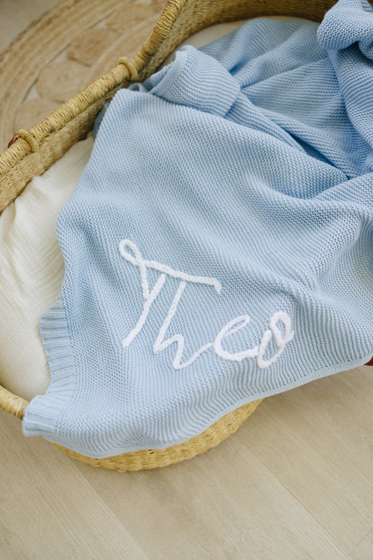 Personalized Knit Blanket, Hand Embroidered, 100% Cotton
