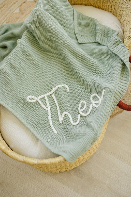 Personalized Knit Blanket, Hand Embroidered, 100% Cotton