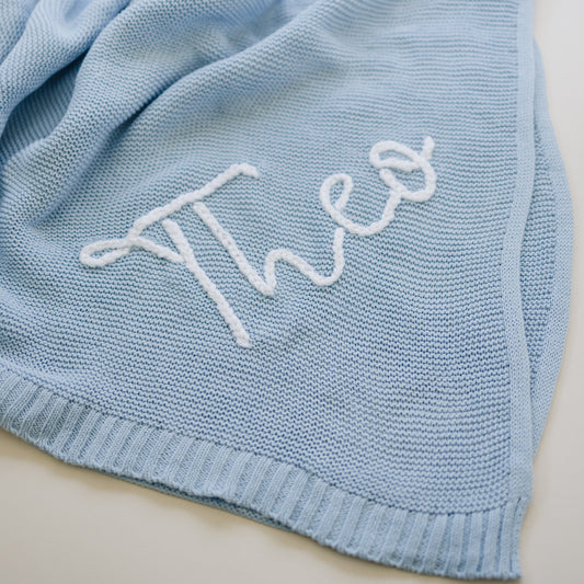 Personalized Knit Blanket, Hand Embroidered, 100% Cotton