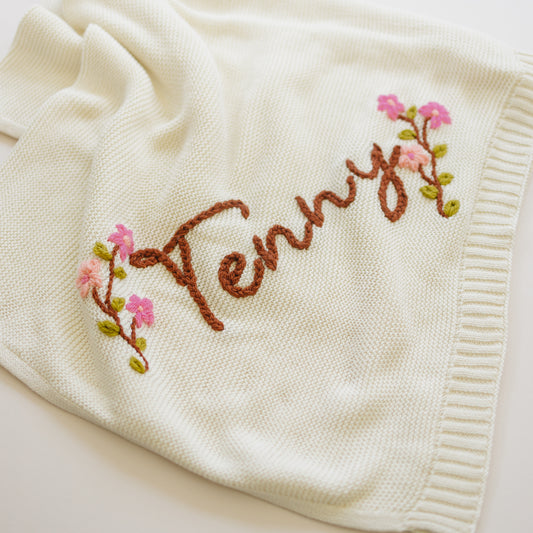Personalized Knit Blanket, Hand Embroidered, 100% Cotton