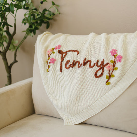 Personalized Knit Blanket, Hand Embroidered, 100% Cotton