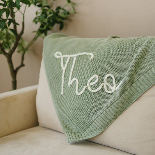 Personalized Knit Blanket, Hand Embroidered, 100% Cotton