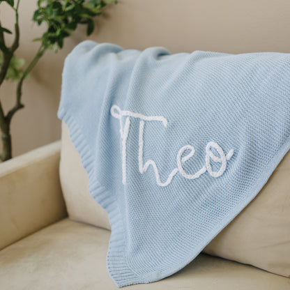 Personalized Knit Blanket, Hand Embroidered, 100% Cotton