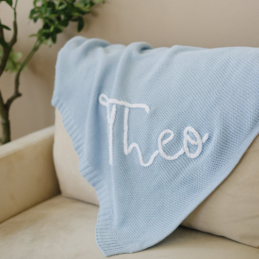 Personalized Knit Blanket, Hand Embroidered, 100% Cotton