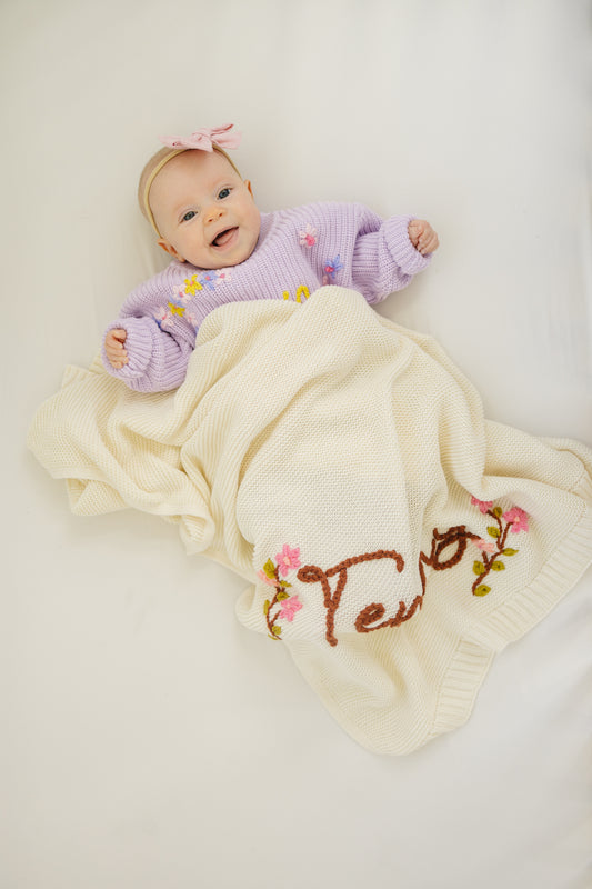 Personalized Knit Blanket, Hand Embroidered, 100% Cotton