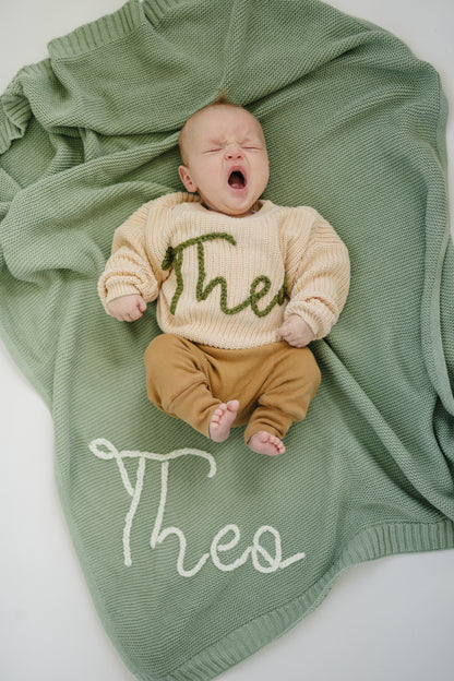 Personalized Knit Blanket, Hand Embroidered, 100% Cotton