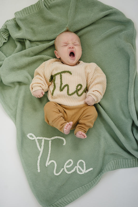 Personalized Knit Blanket, Hand Embroidered, 100% Cotton