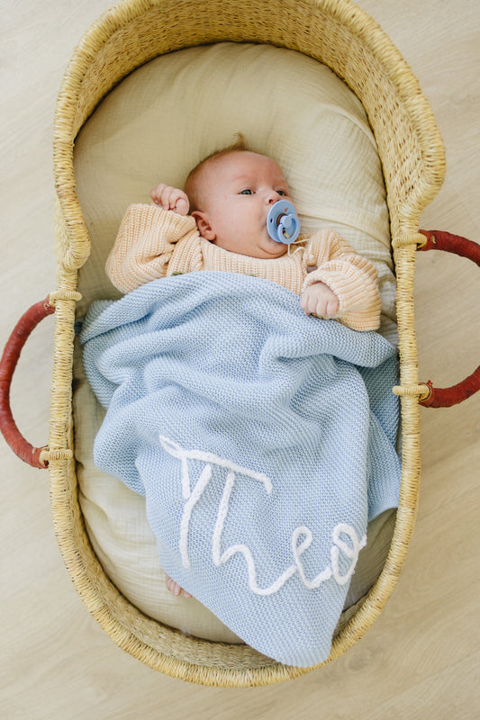 Personalized Knit Blanket, Hand Embroidered, 100% Cotton
