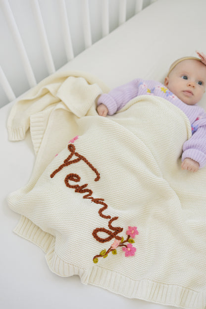 Personalized Knit Blanket, Hand Embroidered, 100% Cotton